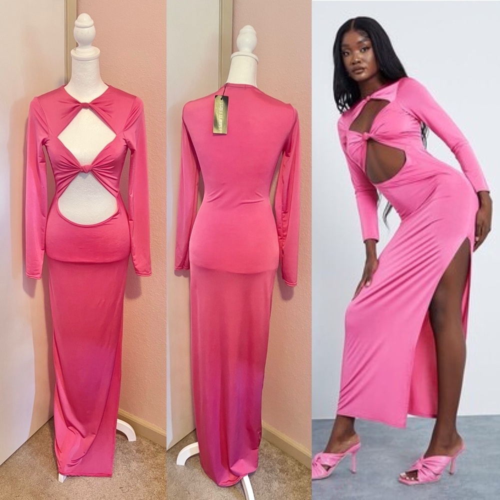 Slinky Cut Out Knot Detail Long Sleeve Maxi Dress